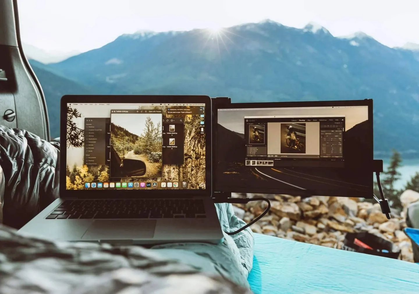 Portable dual monitor MacBook setup — work from anywhere in nature